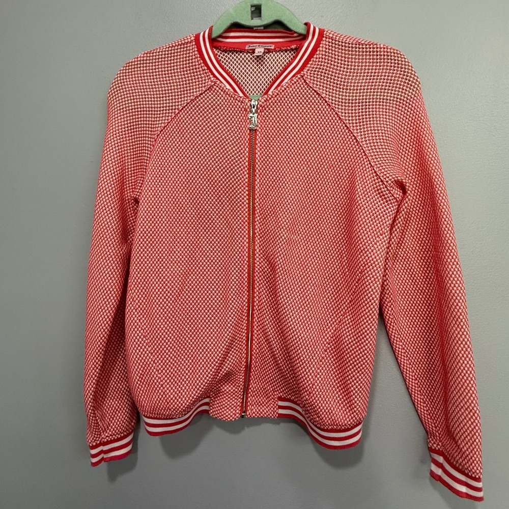 Juicy Couture Red White Mesh Knit Zip Up Bomber Jacket XS